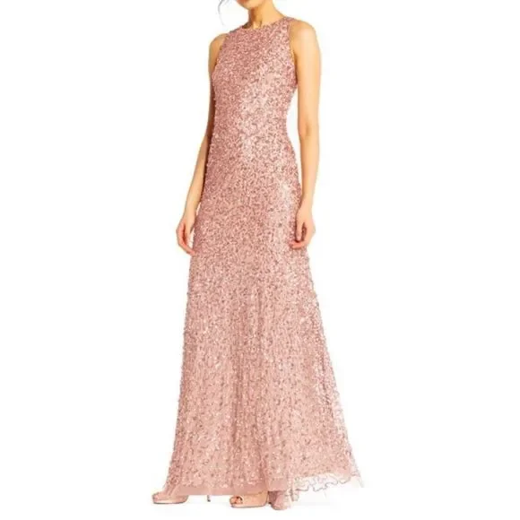 Adrianna Papell Sequin Beaded Halter Dress, Antique Rose, Size: 8 Adrianna Papell Sequin Beaded Halter Dress, Antique Rose, Size: 8